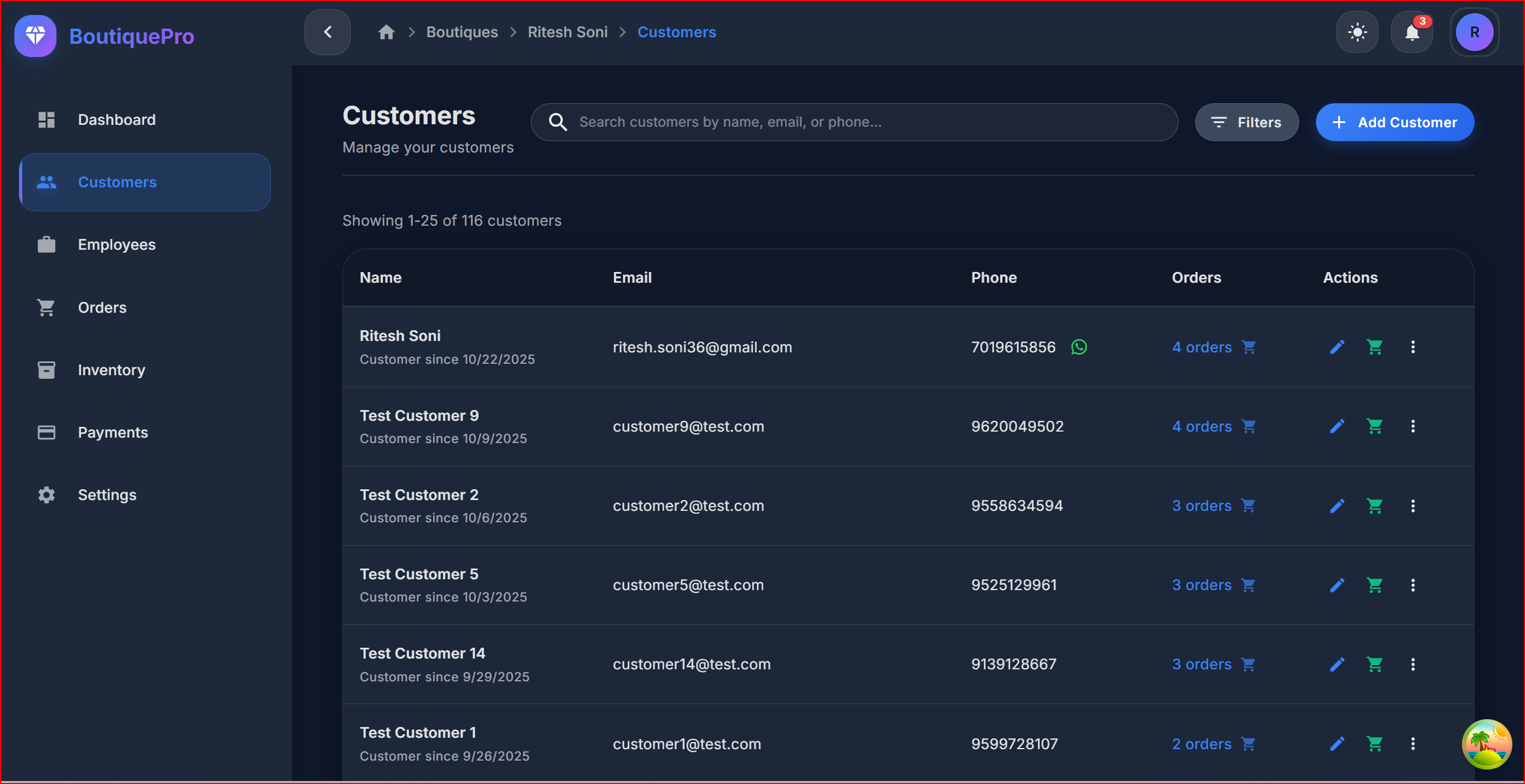 Customer relationship management (CRM) dashboard for boutique businesses with customer history and preferences