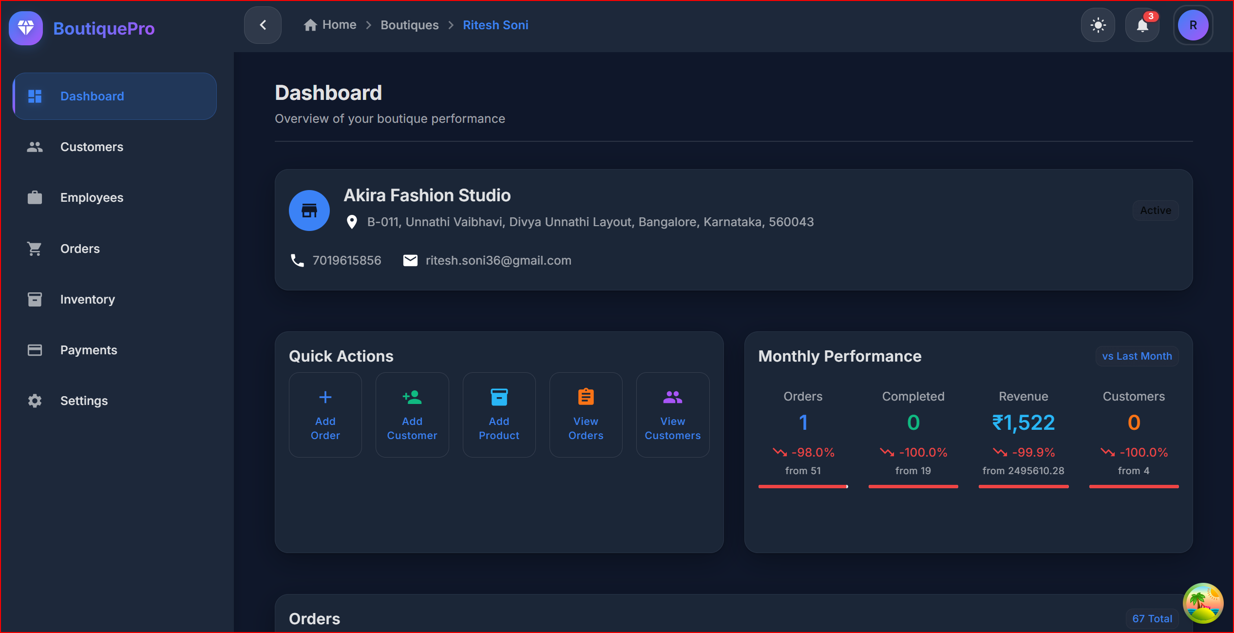 BoutiquePro main dashboard showing order management, inventory tracking, and sales analytics for boutique owners