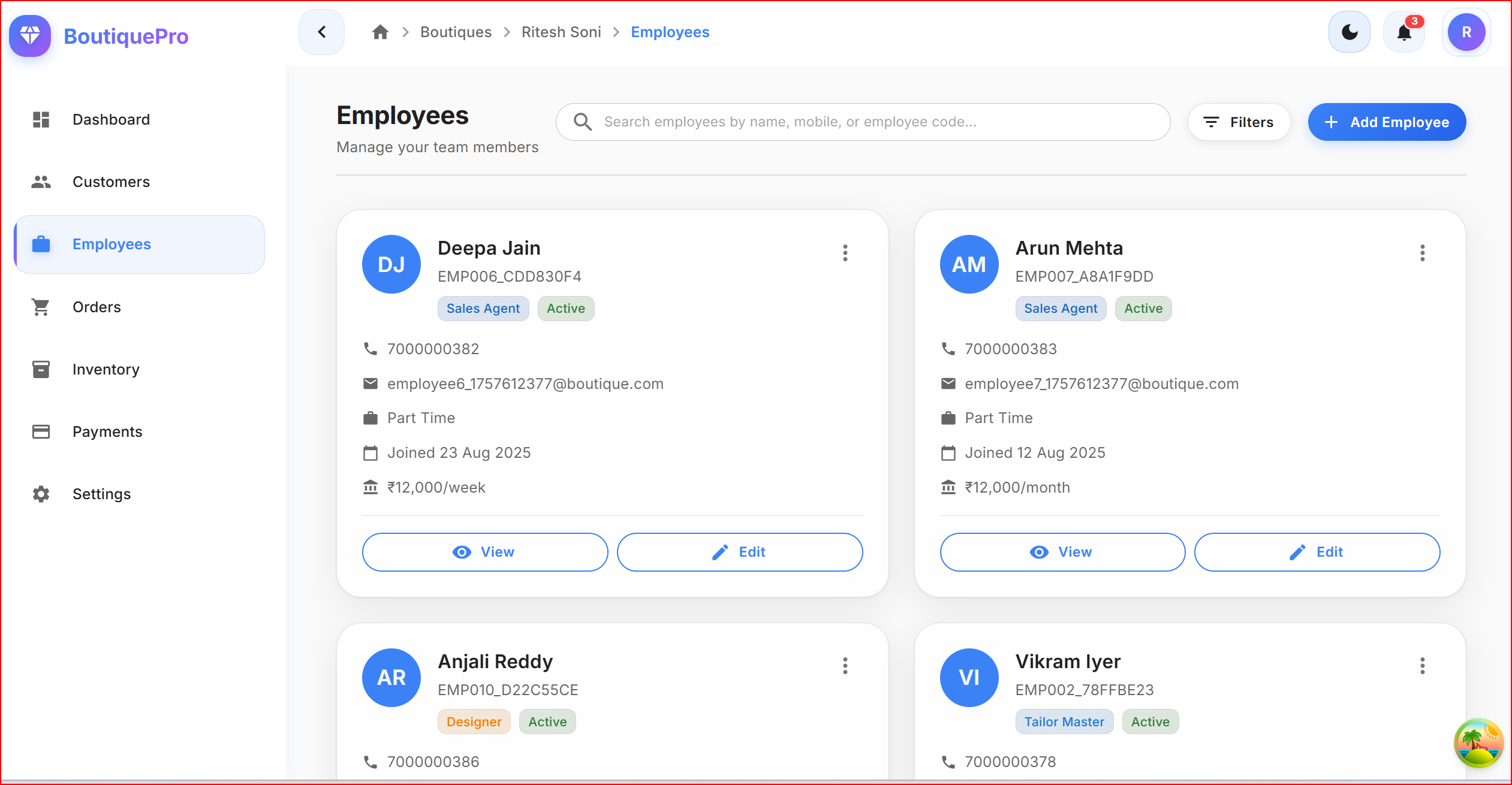 Employee management system for boutique stores with role-based access and performance tracking