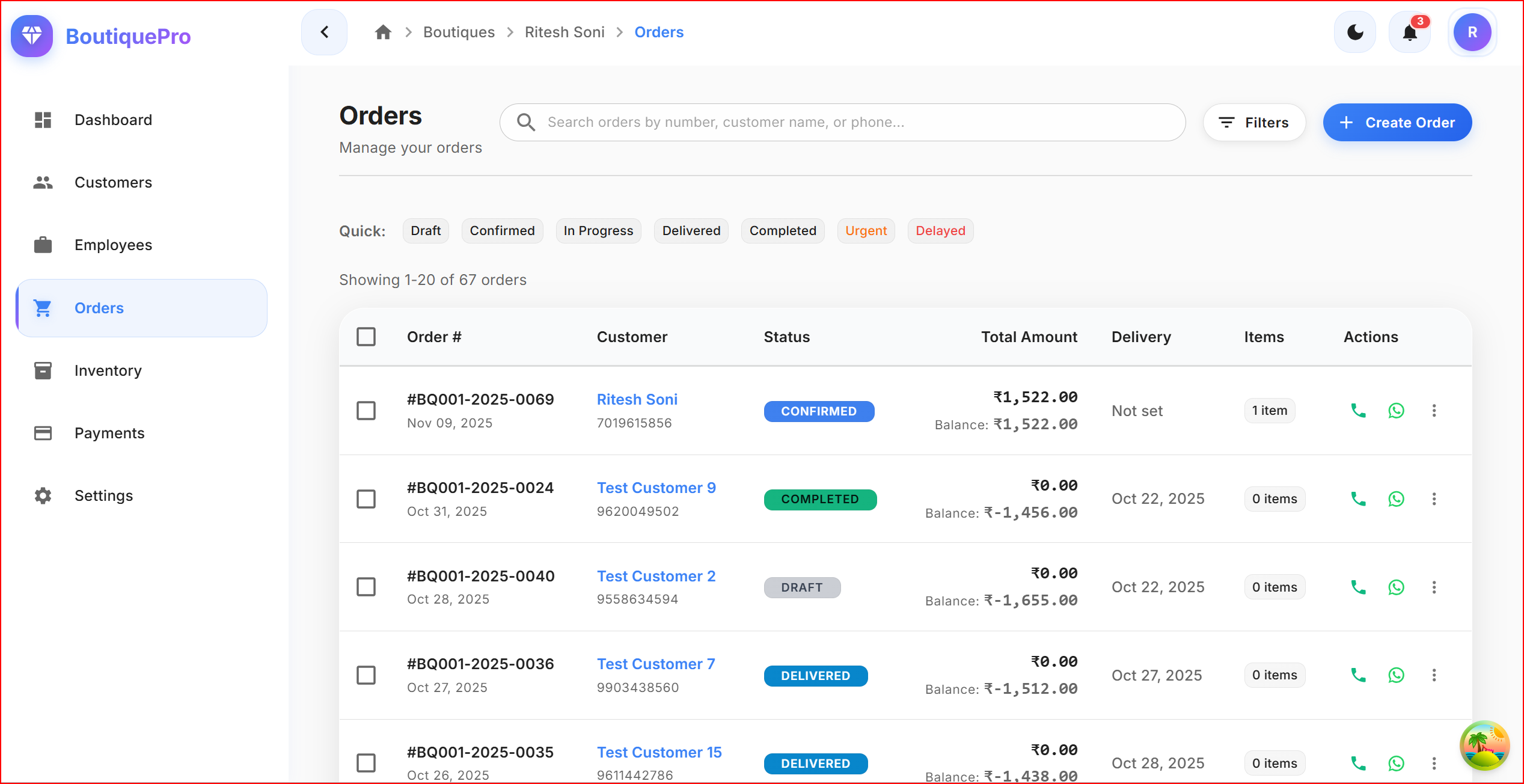 Order management interface for boutique businesses with custom manufacturing workflow and inventory integration